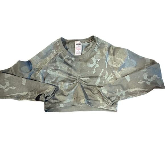 Gymshark Women’s Camo Ruched Long Sleeve Crop Top w/ Thumbholes Size Large - Picture 9 of 10